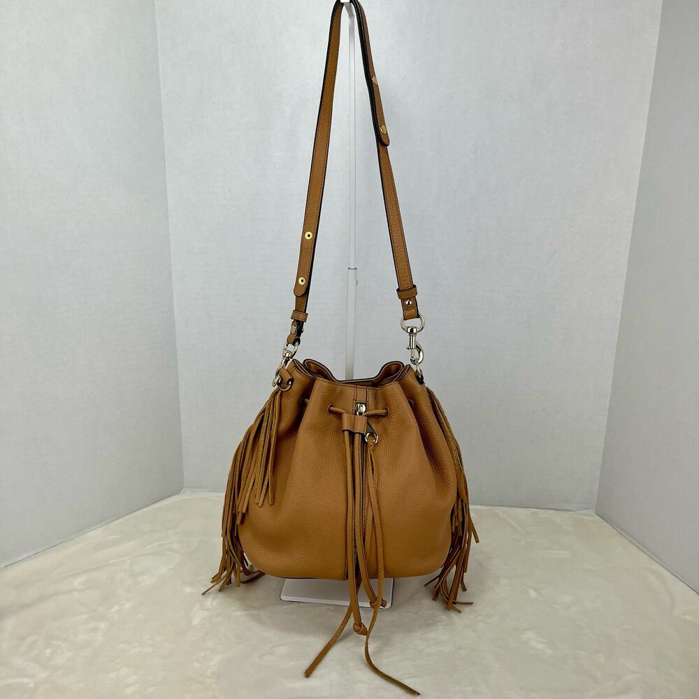 Rebecca Minkoff Fringe Leather Bucket Handbag Purse Tan Crossbody